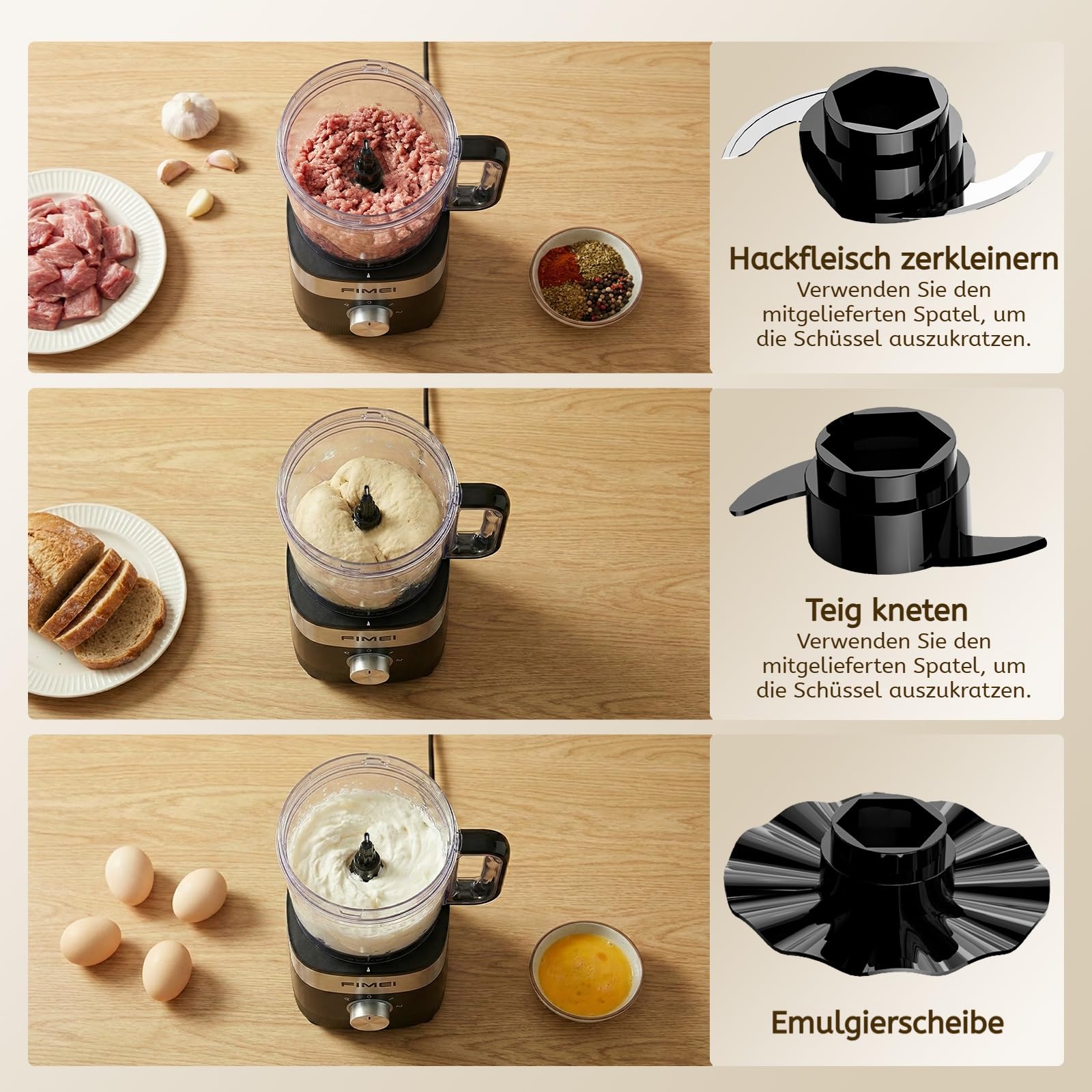 FIMEI Küchenmaschine 800W, 3 Geschwindigkeiten & Pulsfunktion, 1,5L Zerkleinerer, Teigkneter, Raspel, Wendeschneider, Emulgierscheibe, Doppelverriegelung, Kompakt & Platzsparend