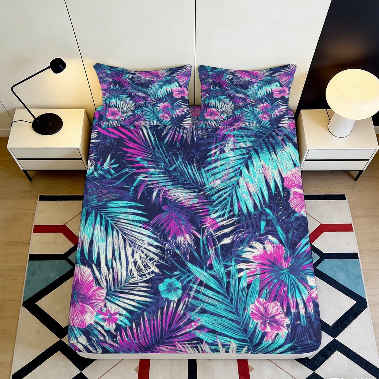3D Printed Tropical Leaves Fitted Sheet Microfiber Soft Bedroom Decor Hibiscus Mattress Cover for All Ages 90x200x25cm