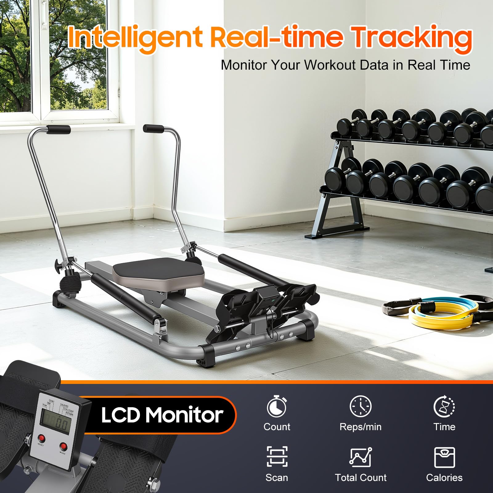Vogatore per casa a 360°, pieghevole, monitor LCD fino a 120 kg, con sedile morbido per allenamento cardio e forza