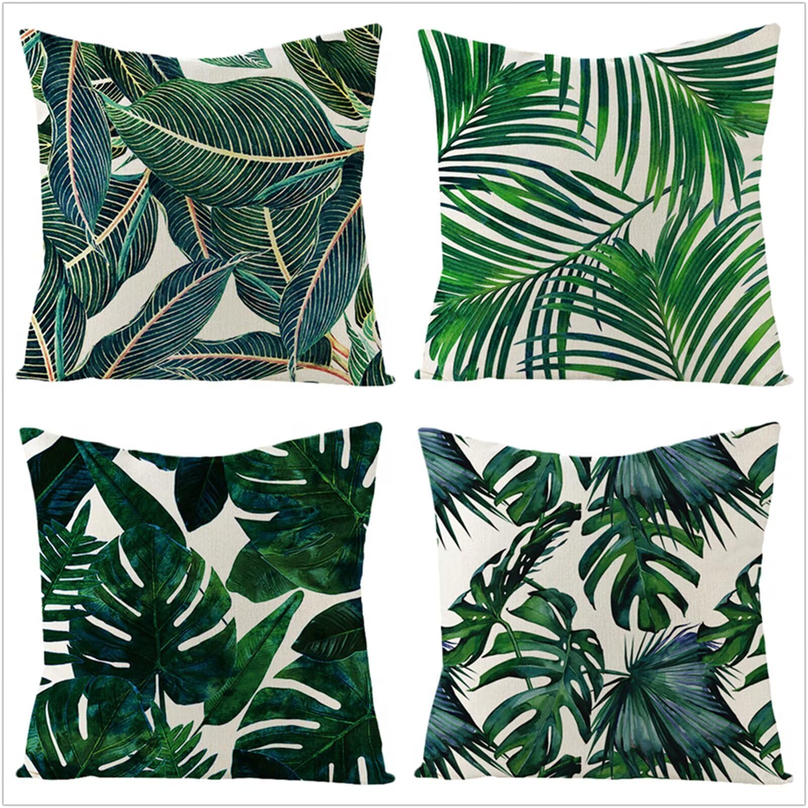 Fundas Cojines 65x65cm,Juego de 4 Fundas de Cojines Modernas Lino Decorativa Hogar Almohadas Fundas para Sala Sofá Cama Decoración para Hogar Hojas Verdes
