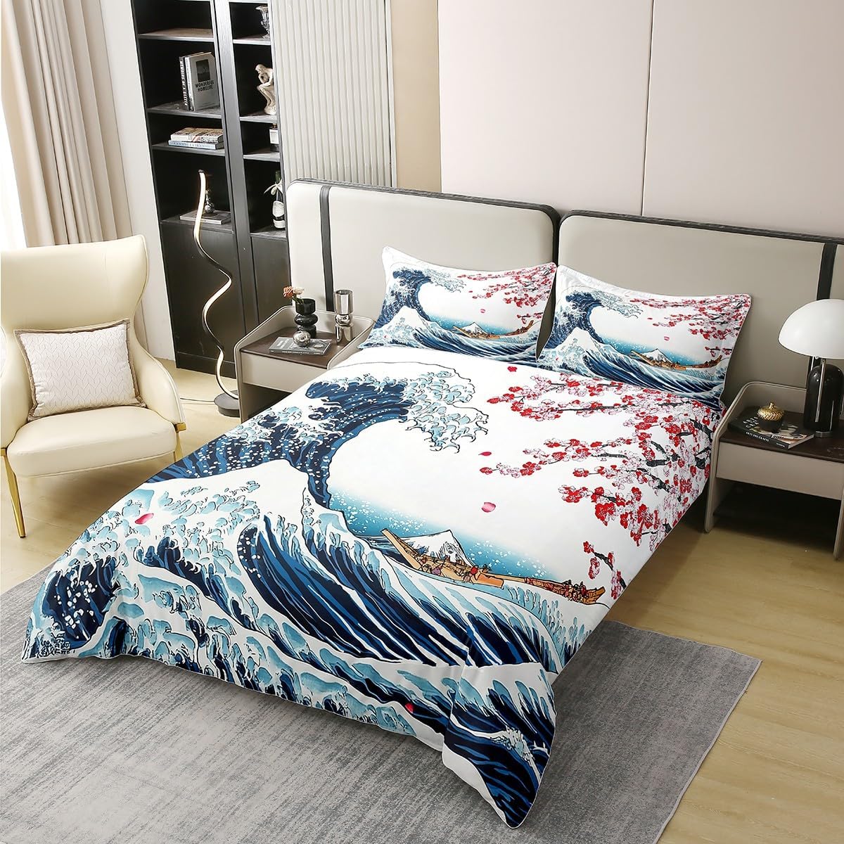 Feelyou Ocean Wave 100% Cotton Duvet Cover for Kids Boys Girls Twin Size Cherry Blossoms Bedding Set Ultra Soft Exotic Sakura Flower Comforter Cover Set Japanese-Style Bedspread Cover,No Comforter