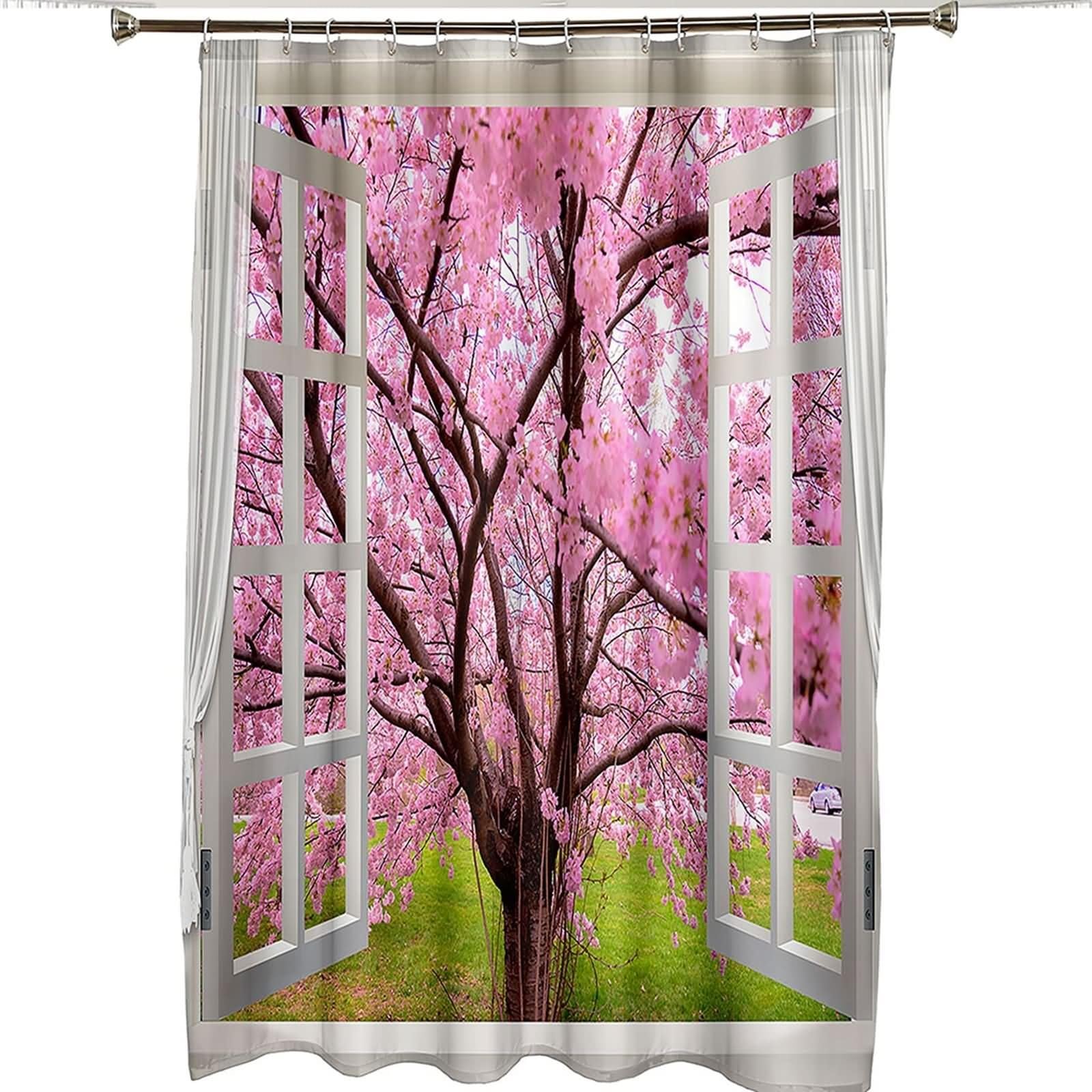 Duschvorhang 180X200, Duschvorhang Textil Waschbar Weiß Rosa Pfirsichbaum Vor Dem Fenster Badezimmer Duschvorhang