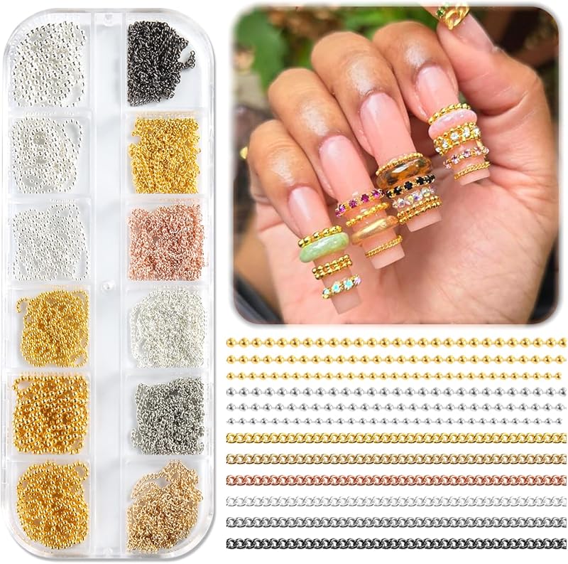 12 Strips Metal Chain 3D Nail Art Charms, Punk Alloy Nail Rivets Jewelry | Gold Silver Dark Gray Nail Chains, Gothic Manicure Accessories for Women, DIY Crafts Decorations