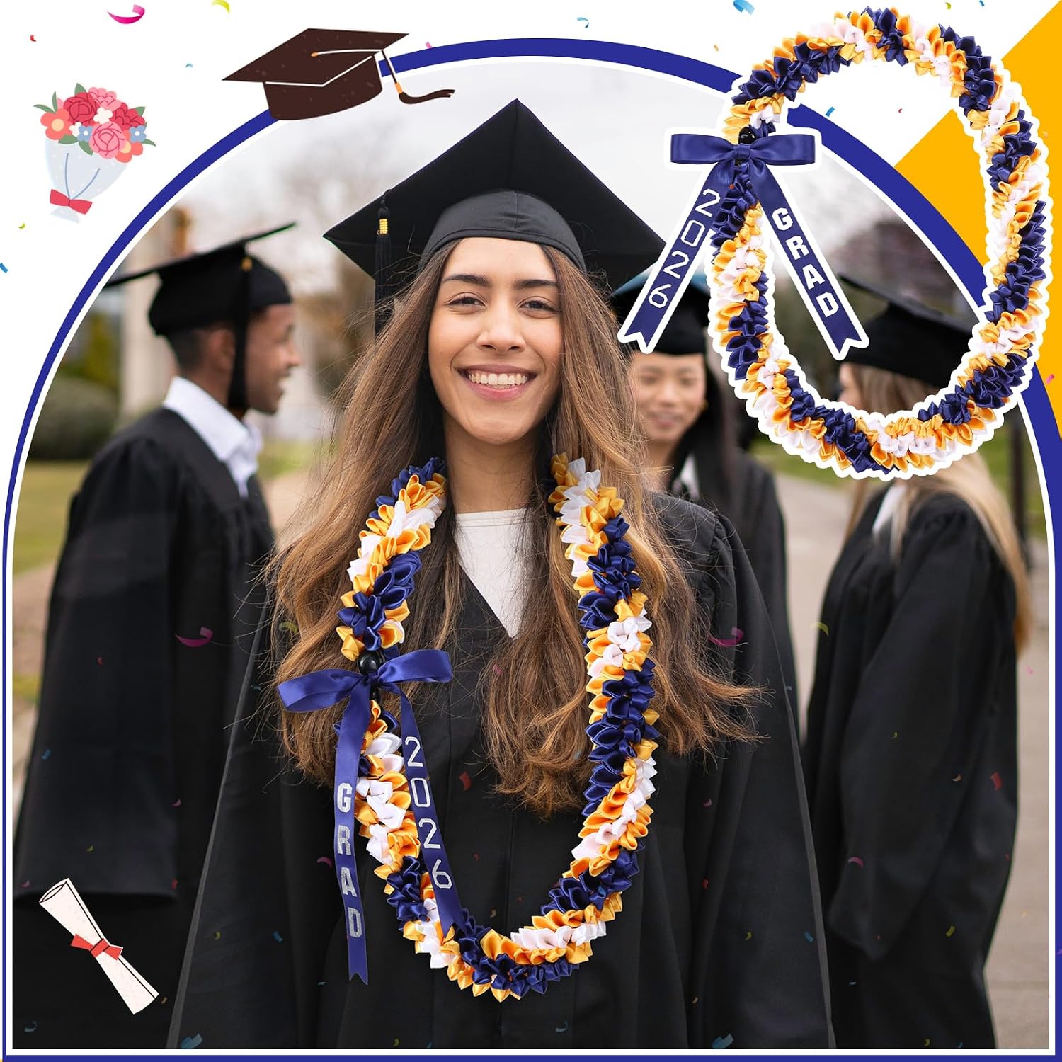 Suncalla 47" Graduation Lei 2026 Blue and Gold Graduation Necklace Double Braided Ribbon Lei Hawaiian Flower Garland with Heart Kukui Class of 2026 Grad Gift Accessories for Men Women