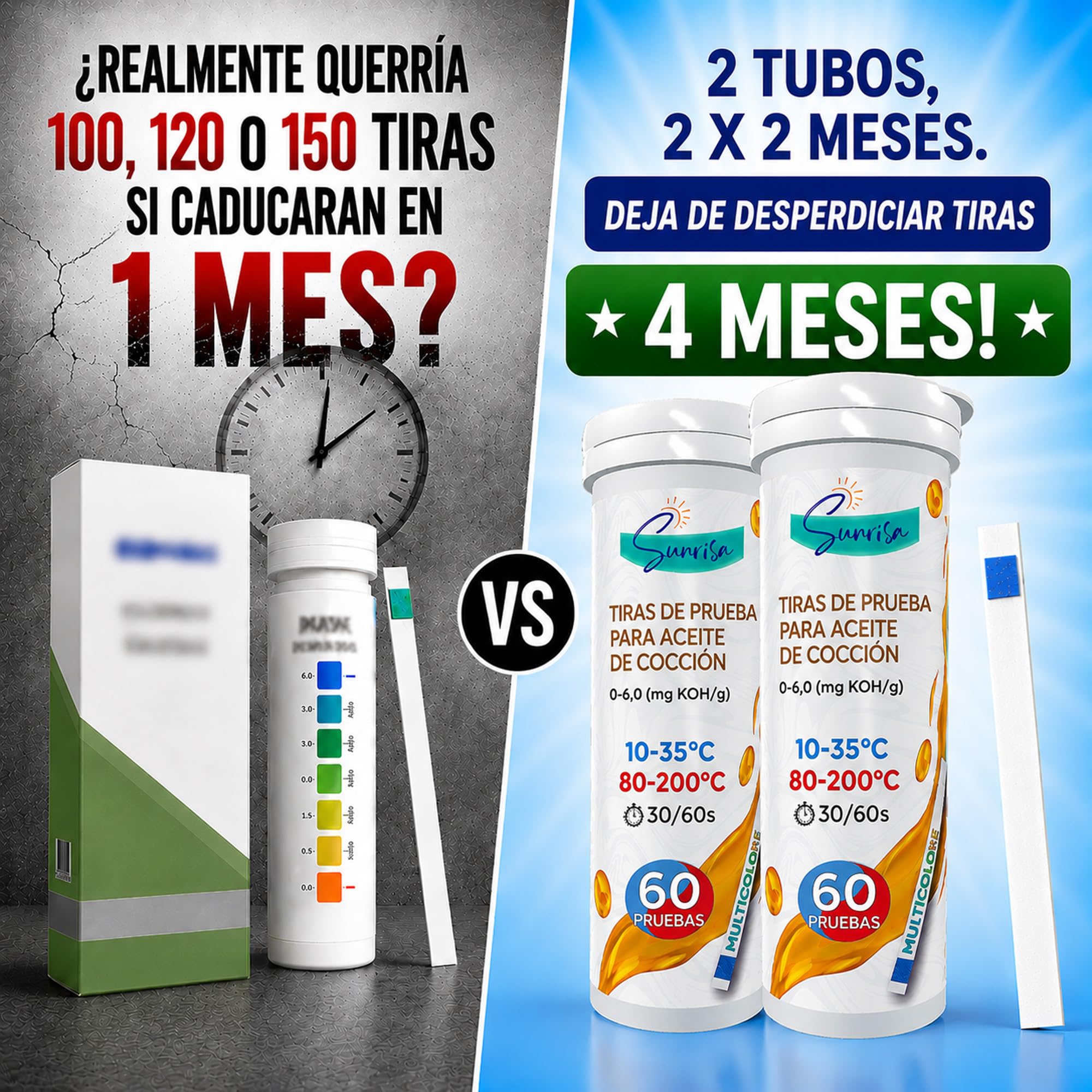 CALOR&FRÍO | 120 Tiras Reactivas Aceite Freidora y Fritura | Medir en solo 30seg | 2 Tubos Larga Conservación | Certificación ISO 9001 | Cumple APPCC | APP Web FFA KOH Pro
