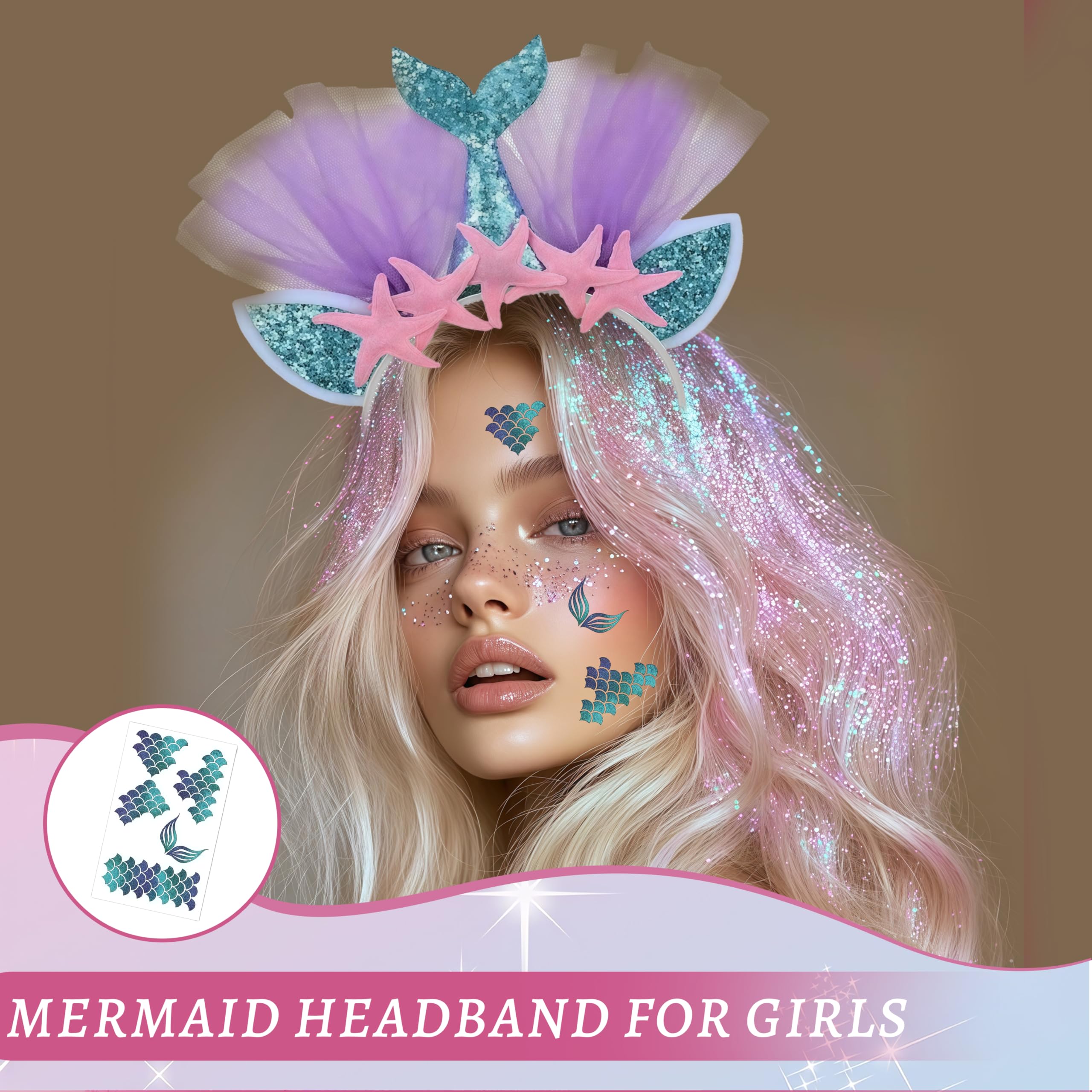 Zosutetoxo Mermaid Costume Set Women Girls, Headband with Glitter Gel & Face Tattoos for Carnival Fancy Dress Mermaid Accessories - Image 3