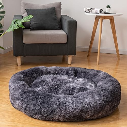 Miniatura 4 de Poohoo Cama calmante de piel sintética para perros, almohada redonda lavable para gatos, color degradado (23 pulgadas30 pulgadas) para perros