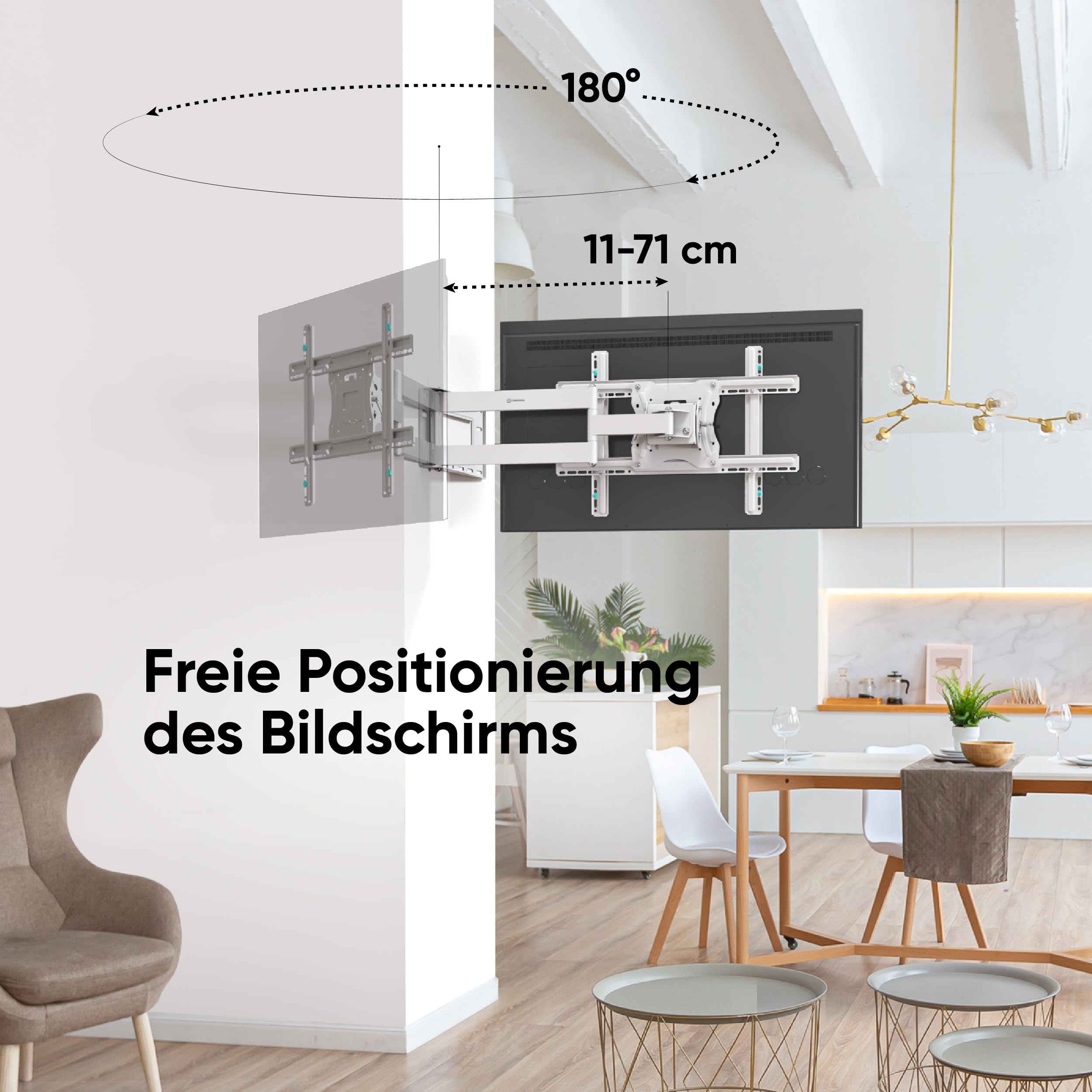 ONKRON TV Wandhalterung schwenkbar 40-75", bis 68 kg, VESA 600x400, M7L-W | Fernseher Halterung mit langem Arm, 11-71,1 cm ausziehbar, in Weiß, neigbar; für Nischen, helle Wohnräume, Büros & Hotels