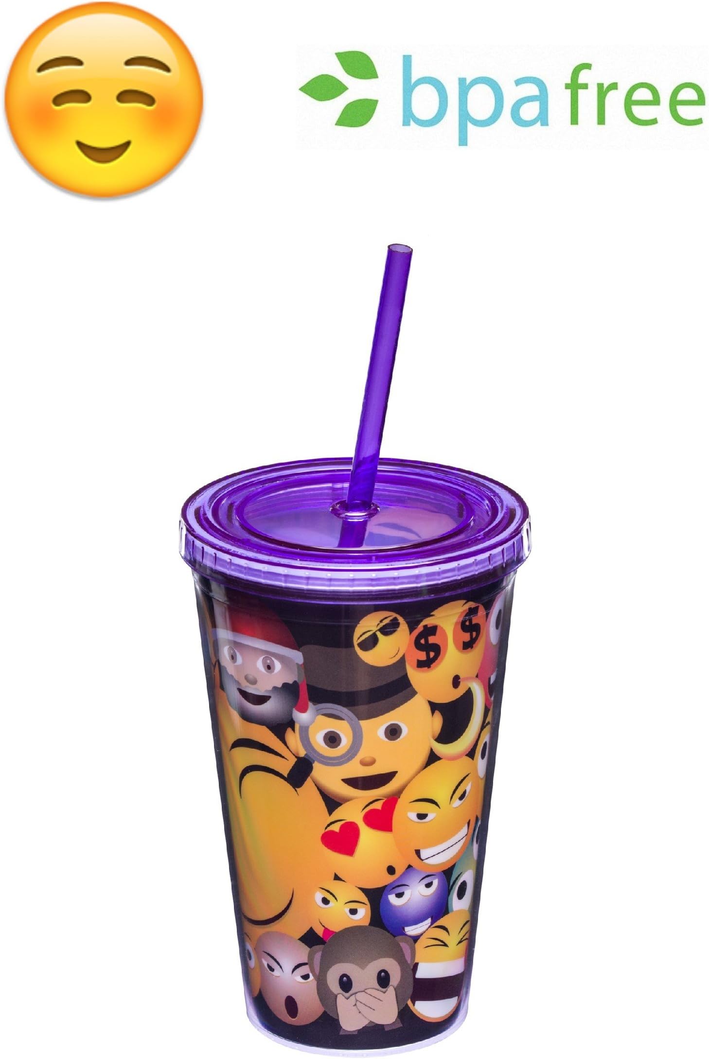 Unique Insulated Emoji Tumbler in purple with lid plus straw - New Modified Straw Included | Acrylic | High-Quality | Leak Proof | Party Favors | Party Supplies | Perfect for Travel | 16 oz in size