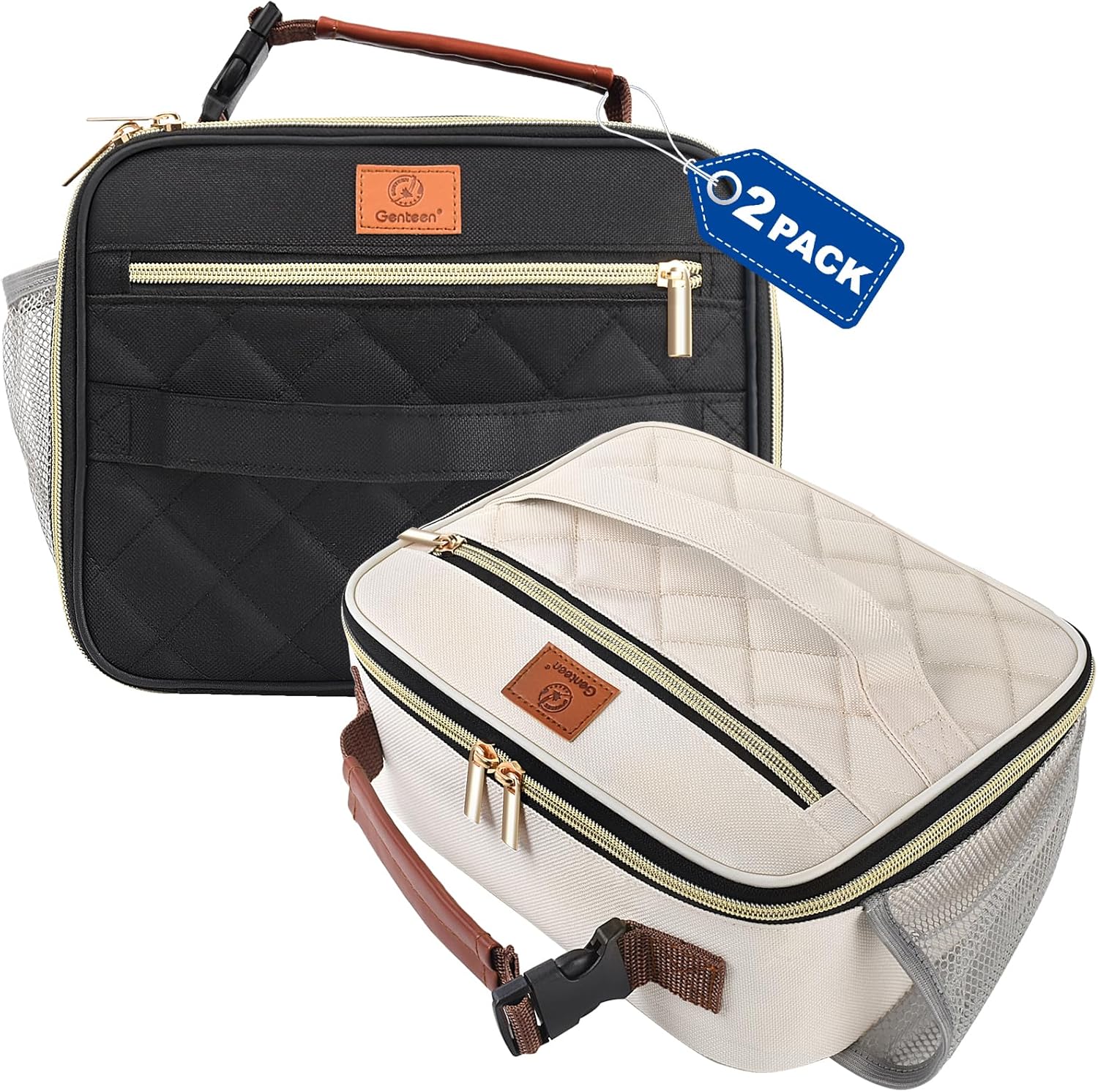 Genteen 2 Packs Lunch Box for Men Women Adults Kids - Insulated LunchBox Reusable, Zip Closure & Buckle Handle, Portable Cooler for Work, School, Travel (Black+White)