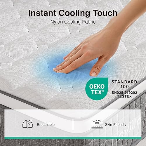 Miniatura 7 de Novilla Colchón Tamaño King de 10 Pulgadas, Colchón Híbrido King con Espuma Viscoelástica de Gel, Funda de Nylon de Tacto Frío y Resortes Ensacados
