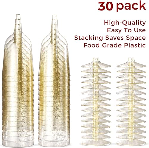Miniatura 4 de Paquete de 30 copas de vino de plástico de 6 onzas – Mini copas desechables con purpurina dorada con base extraíble para bodas, fiestas, champán,
