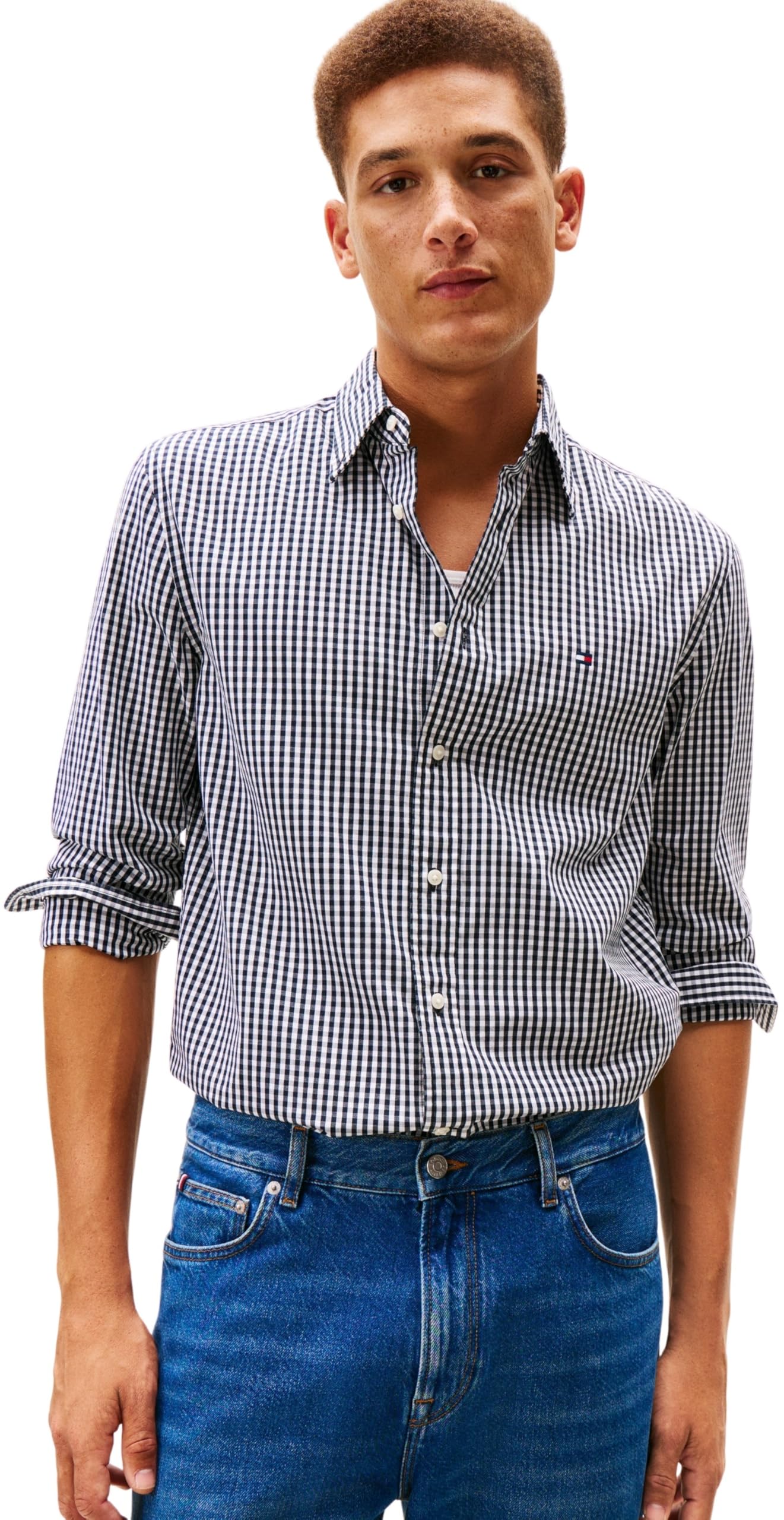 Tommy Hilfiger Men Flex POPLIN Big Gingham RF Shirt MW0MW41713 L/S Shirt, Black, L