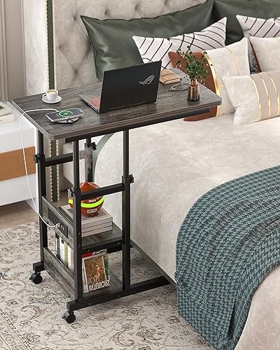 Miniatura 8 de Mesa auxiliar de altura ajustable con estación de carga, mesa lateral móvil para laptop en forma de C con ruedas, mesa de sofá de 3 niveles con