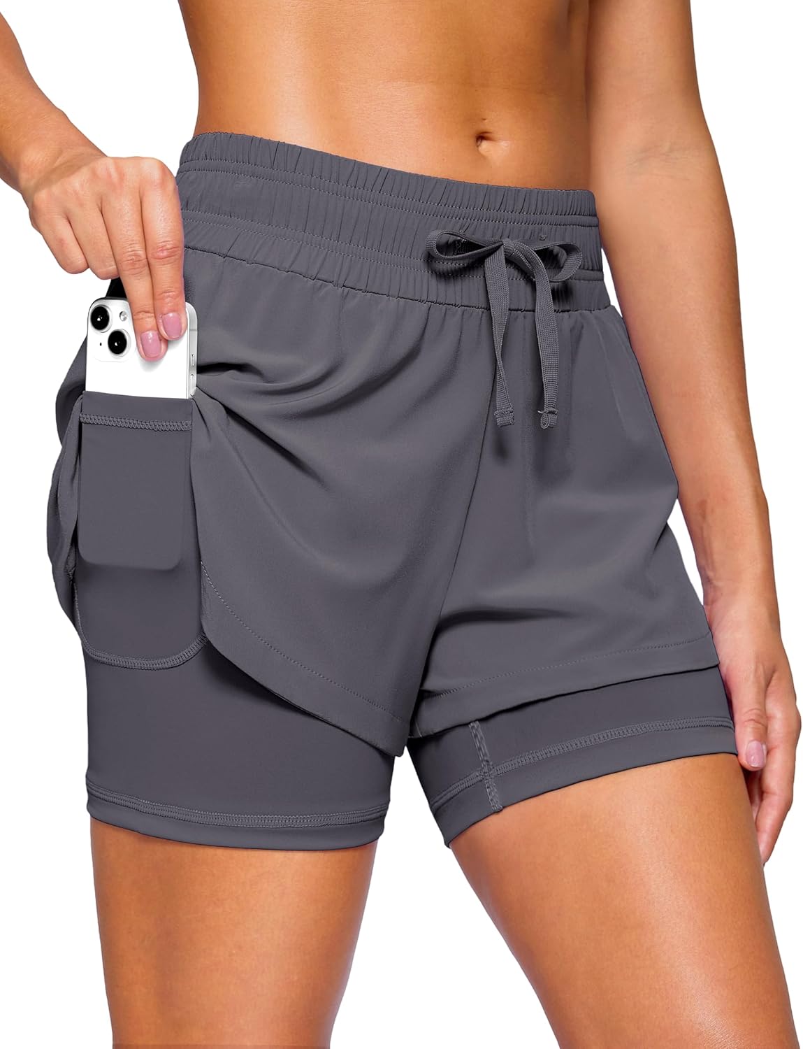 Soothfeel Women's 2 in 1 Running Shorts 5" Athletic Shorts High Waisted Workout Gym Tennis Exercise Shorts with Liner Pocket