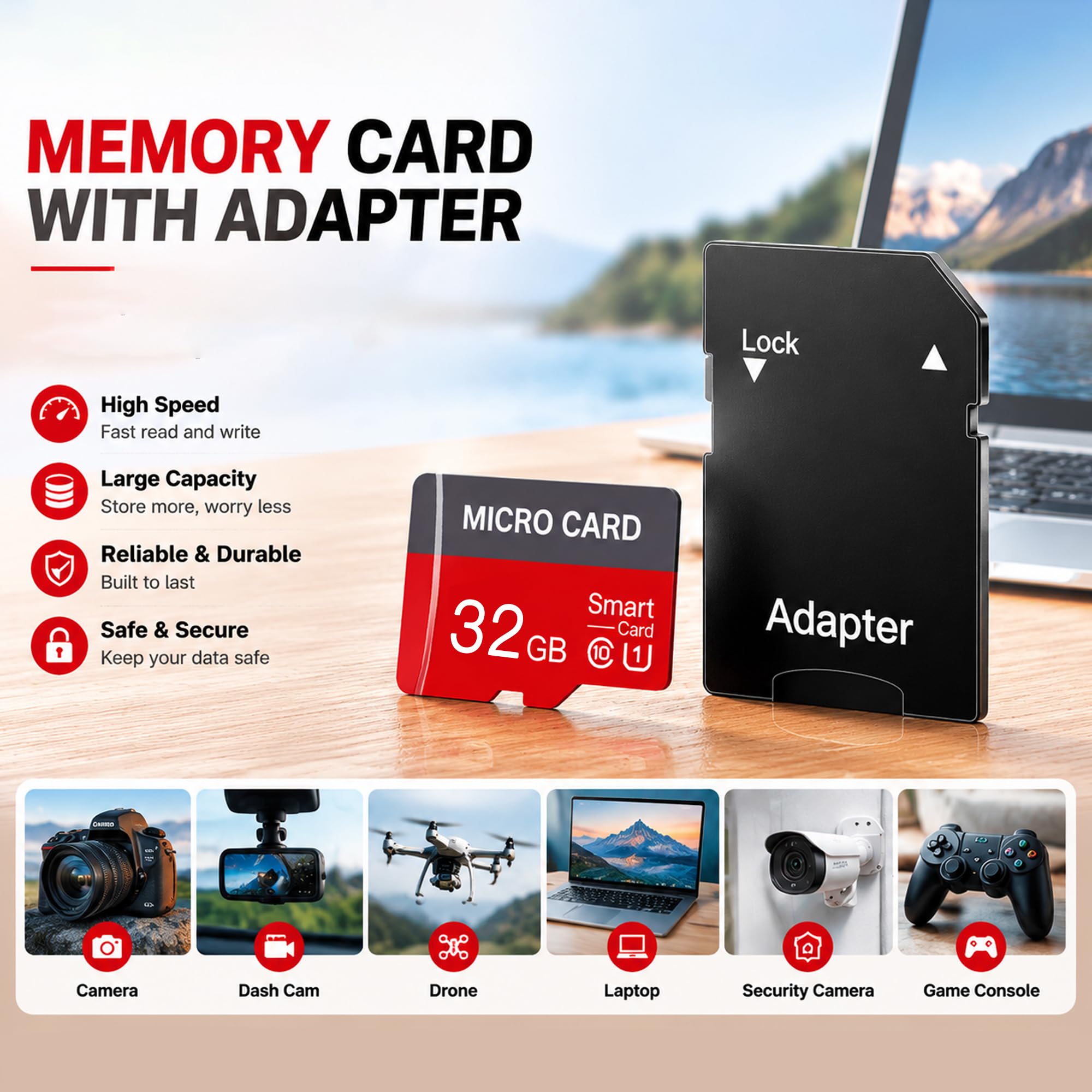 Confezione da 2 schede di memoria Micro SD da 32 GB, classe 10, U3, con adattatore per smartphone, tablet e fotocamere