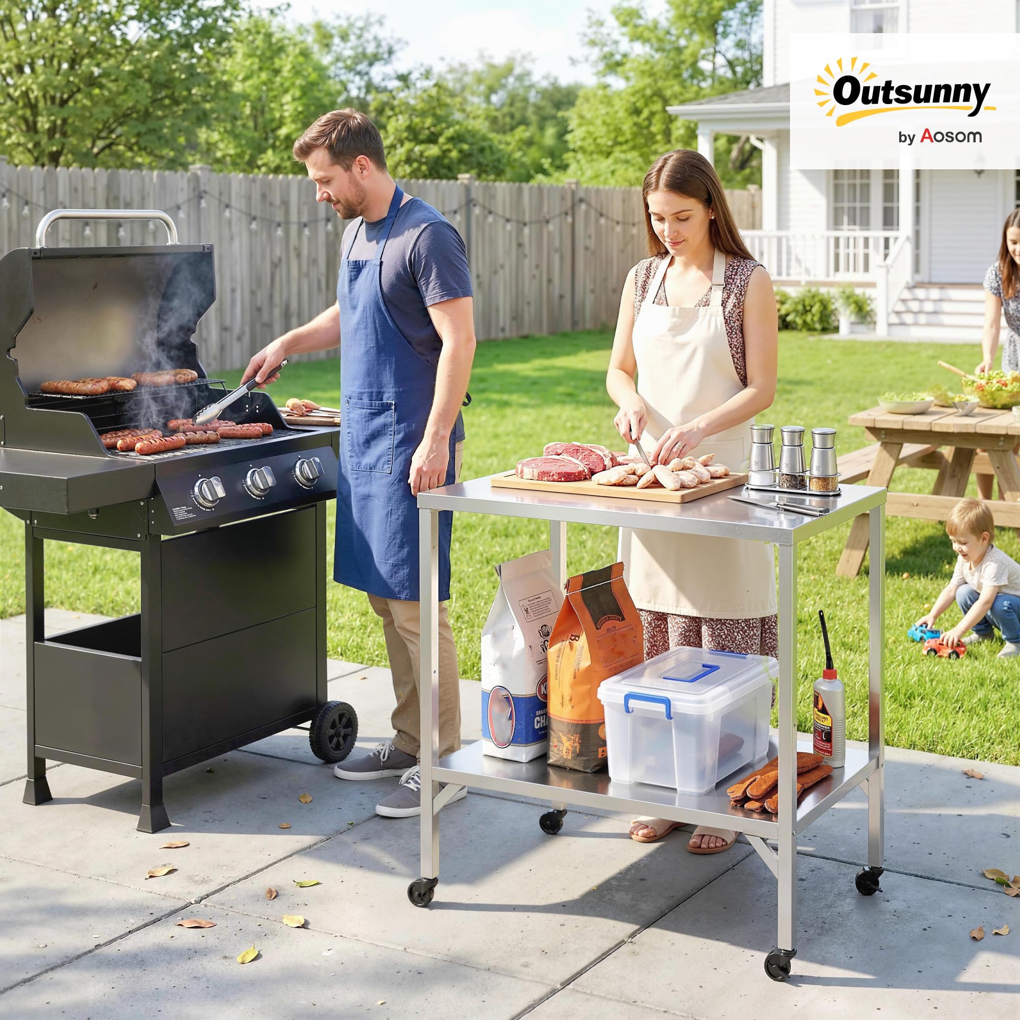 Outsunny Chariot de Barbecue en Acier Inoxydable - Table de Préparation Extérieur de 85x60cm avec Plan de Travail et roulettes - Desserte de Jardin Stable pour Four à Pizza et Grill, Argenté
