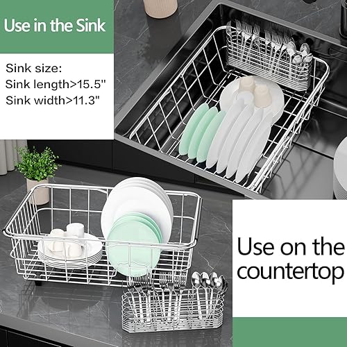 Miniatura 5 de Escurridor de platos ajustable en el fregadero, organizador expandible de acero inoxidable 304 con soporte para utensilios de acero inoxidable sobre