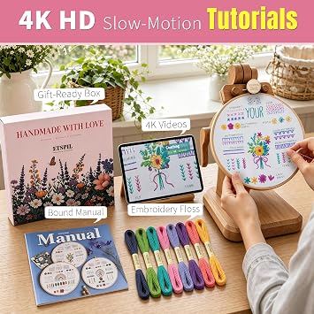 ETSPIL Beginner Embroidery Kit for Adults, No-Wash Finish, 4K Video