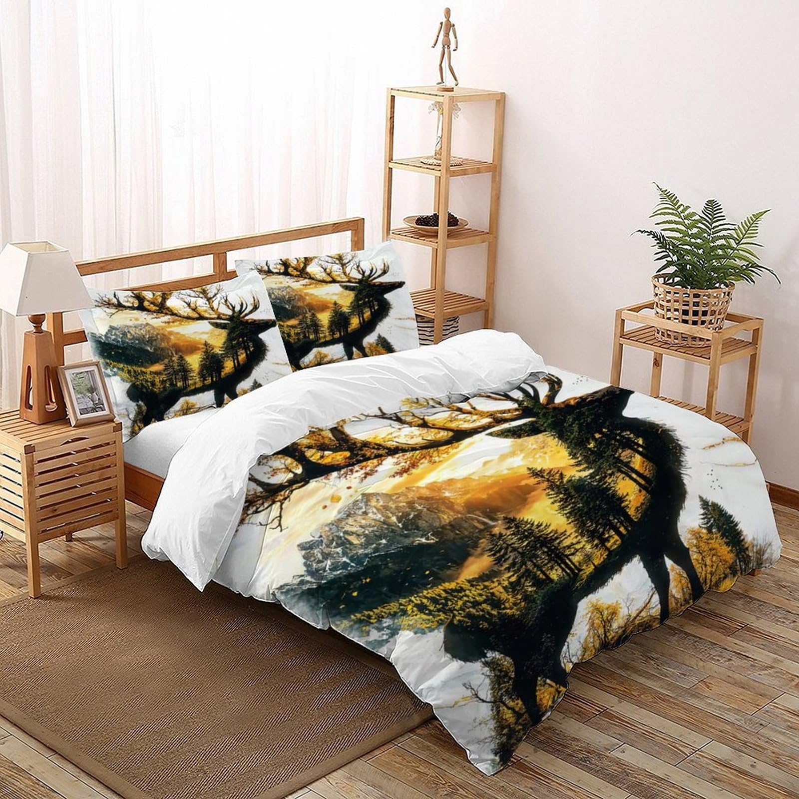 Parure de couette cerf 200x200 cm en microfibre avec 2 taies d'oreiller pour lit double