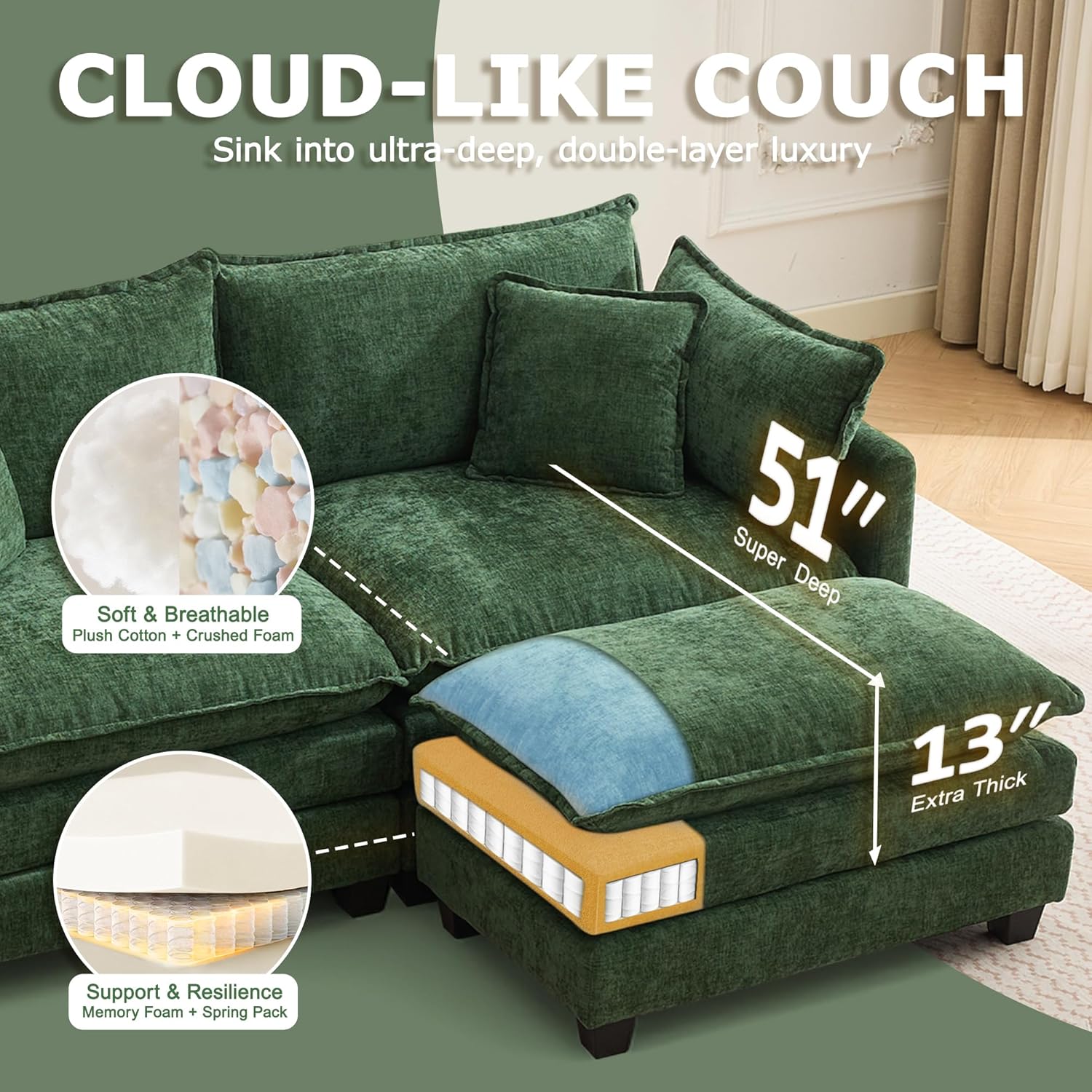 113” Modular Sectional Sofa, L Shaped Cloud Couch with Movable Ottoman, Comfy Chenille Deep Seat Sofa with Throw Pillows, 4 Seat Modern Couches for Living Room Bedroom Apartment, Green