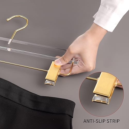 Miniatura 6 de Besser - Paquete de 10 perchas acrílicas doradas, perchas transparentes con ganchos dorados, perchas lujosas para faldas y pantalones, clips dorados