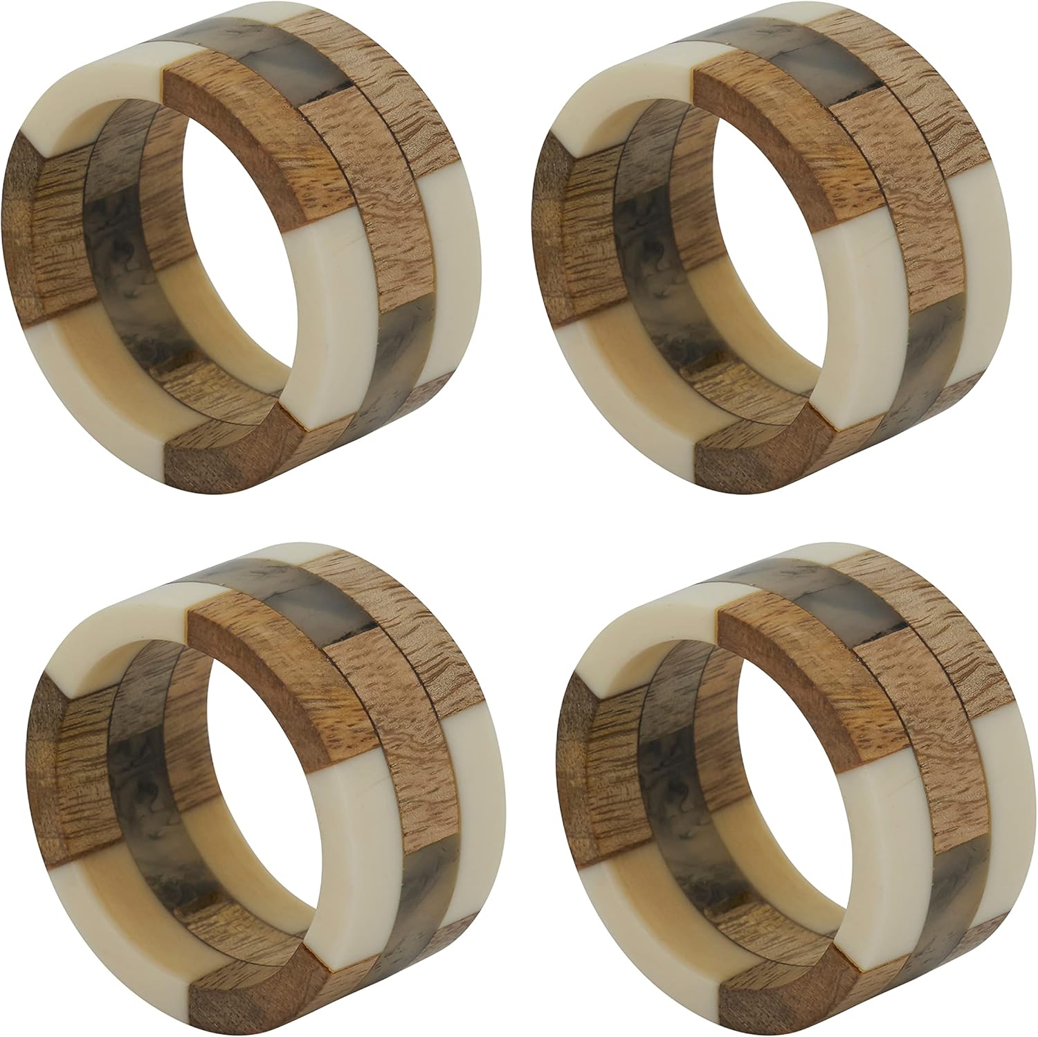 SARO LIFESTYLE Mango Wood & Resin Napkin Rings (Set of 4) – Modern Block Pattern with Natural Texture