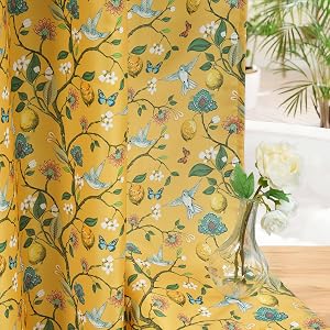 Floral Bird Shower Curtain, Boho Yellow Shower Curtain 72x72, Hummingbird Jungle Victorian Farmhouse Botanical Shower Curtain for Bathroom, Chic French Country Style