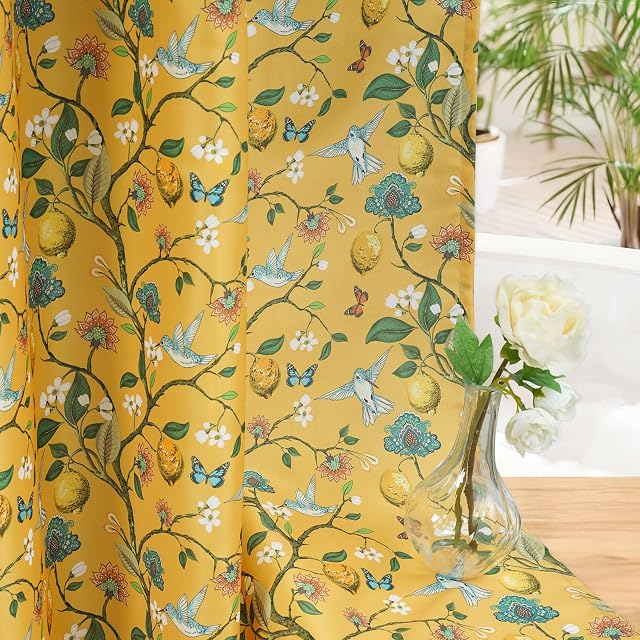 Floral Bird Shower Curtain, Boho Yellow Shower Curtain 72x72, Hummingbird Jungle Victorian Farmhouse Botanical Shower Curtain for Bathroom, Chic French Country Style