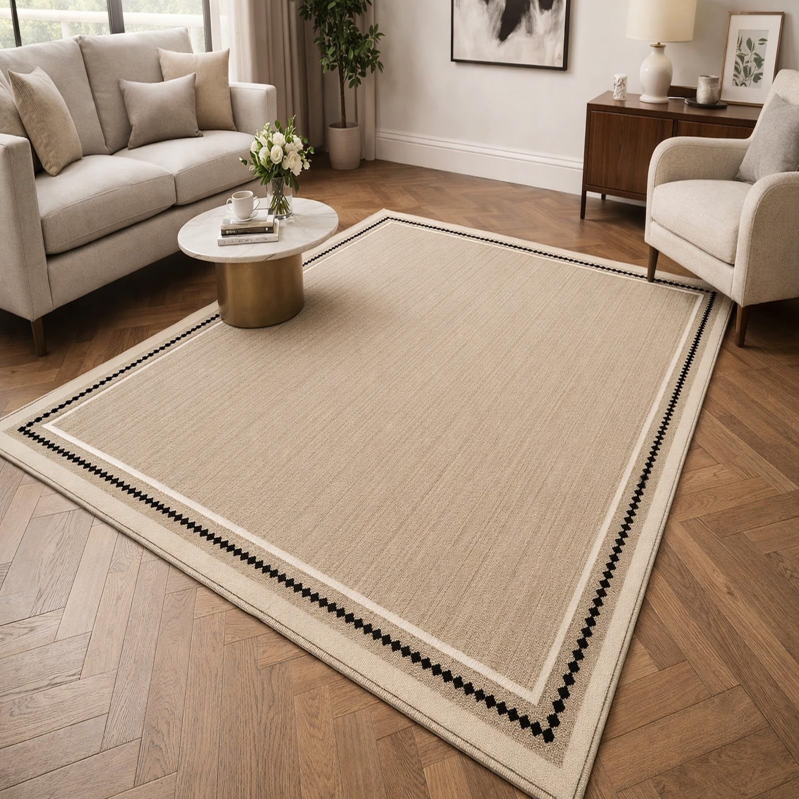 Tapis de décoration bureau beige moderne 200 x 250 cm pour grand salon et chambre