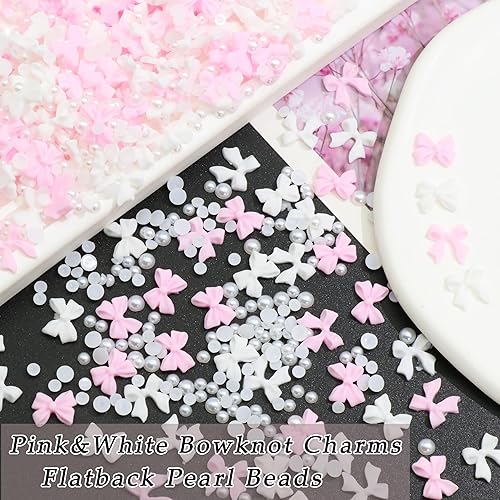 Miniatura 2 de RODAKY 600 dijes para arte de uñas de lazo rosa y blanco 3D para diseño de arte de uñas, perlas de espalda plana, lazo para uñas, lindos accesorios