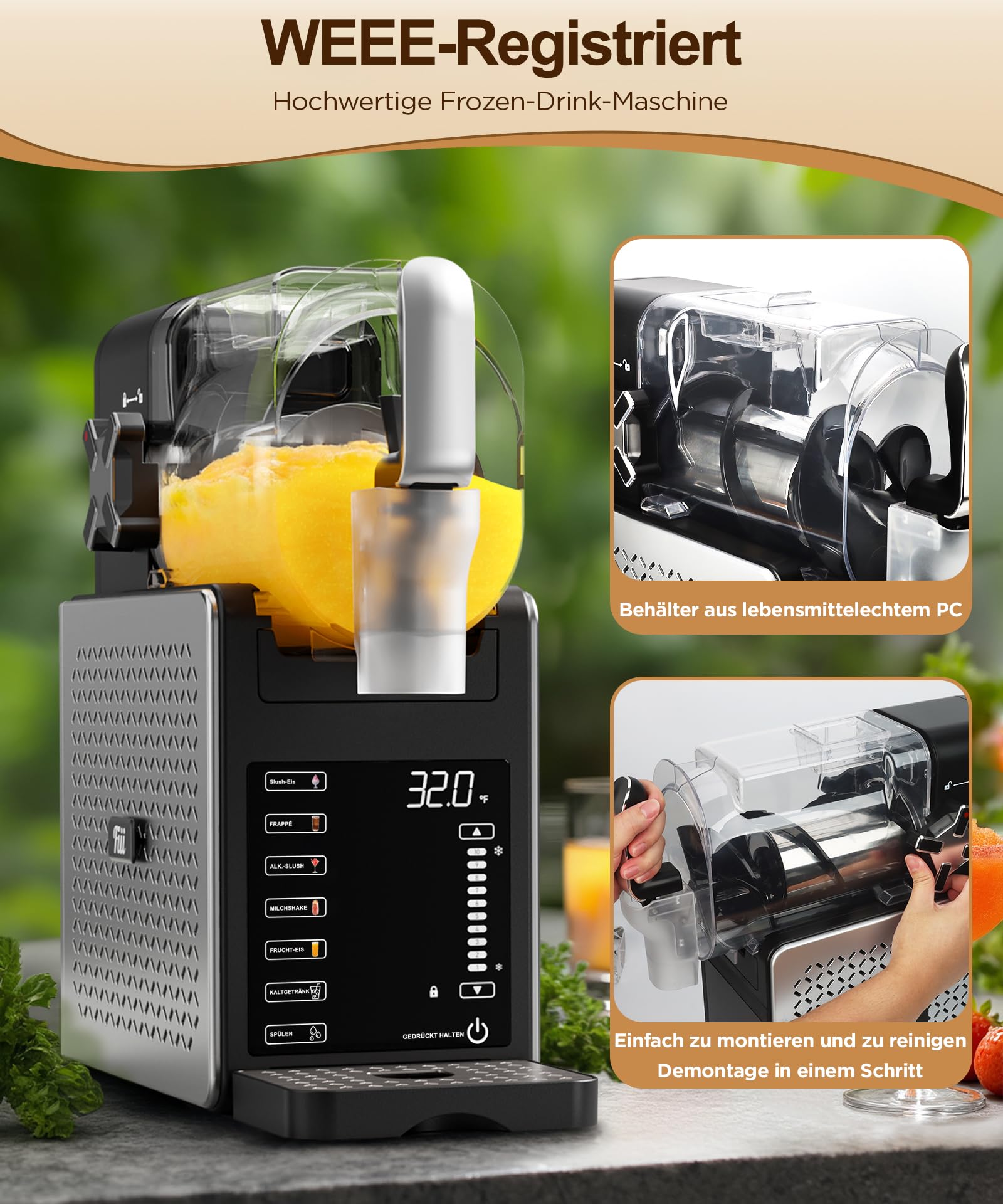 Fiii Slush Maschine 3L, 6 Programme, LED-Anzeige, selbstreinigend, kein Eis erforderlich, 170W Slush Eis Maschine, 220-240V, leiser kompakter Slushie Maker für Milchshakes und Frozen Drinks | Fiii verbindet vielseitige Getränkezubereitung mit modernem Des