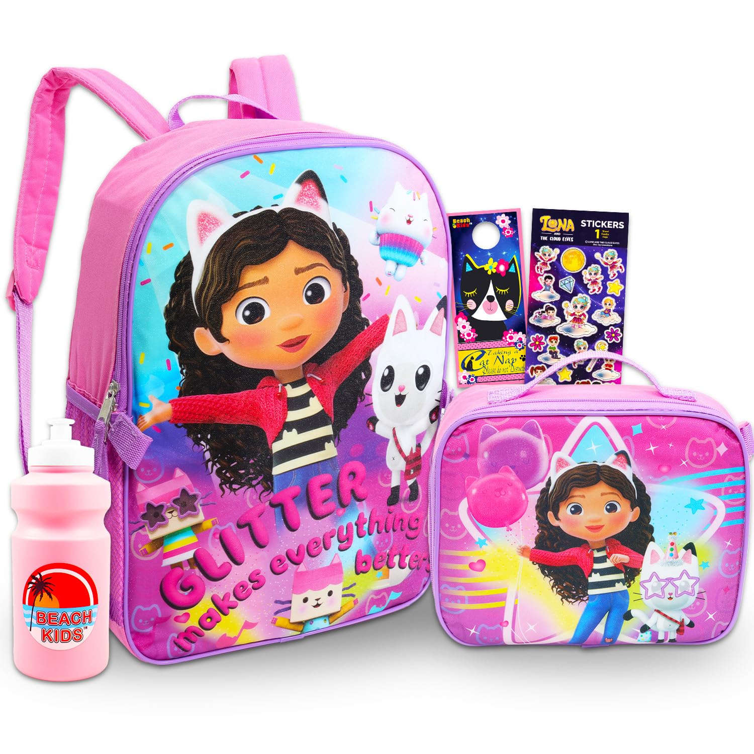 DreamWorks Gabby's Dollhouse Backpack with Lunch Box Set - Bundle with 16" Backpack, Lunch Bag, Stickers, Water Bottle, More | Gabby's Dollhouse