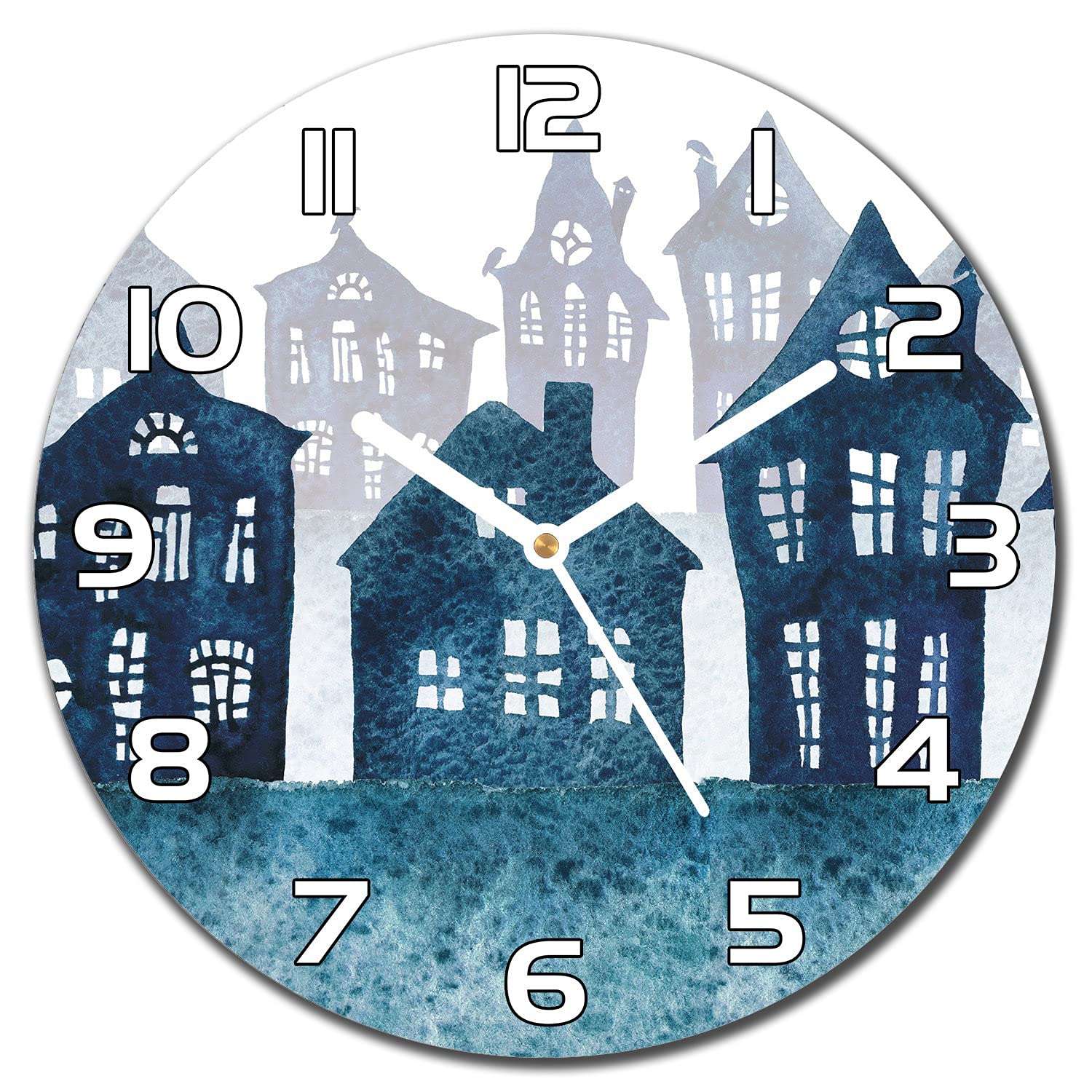 Horloge en verre silencieuse 30 cm Ville Brumeuse pour décorer sans bruit salon et cuisine