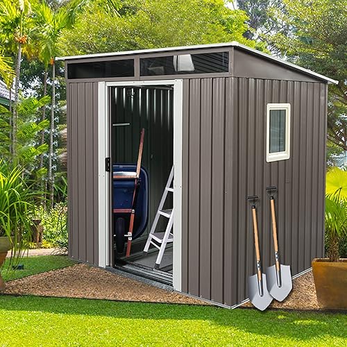 Cobertizo de almacenamiento para exteriores de 6 x 4.5 pies, cobertizo de jardín de metal galvanizado con ventana y base de metal, cobertizo de