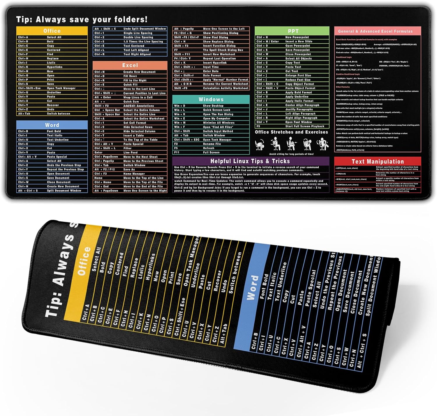 excel cheat sheet desk pad extended xl office keyboard mat (31.5" x 11.8") inch, 3mm thick excel shortcuts mouse pad, stitched edges non-slip base (a colored black excel)