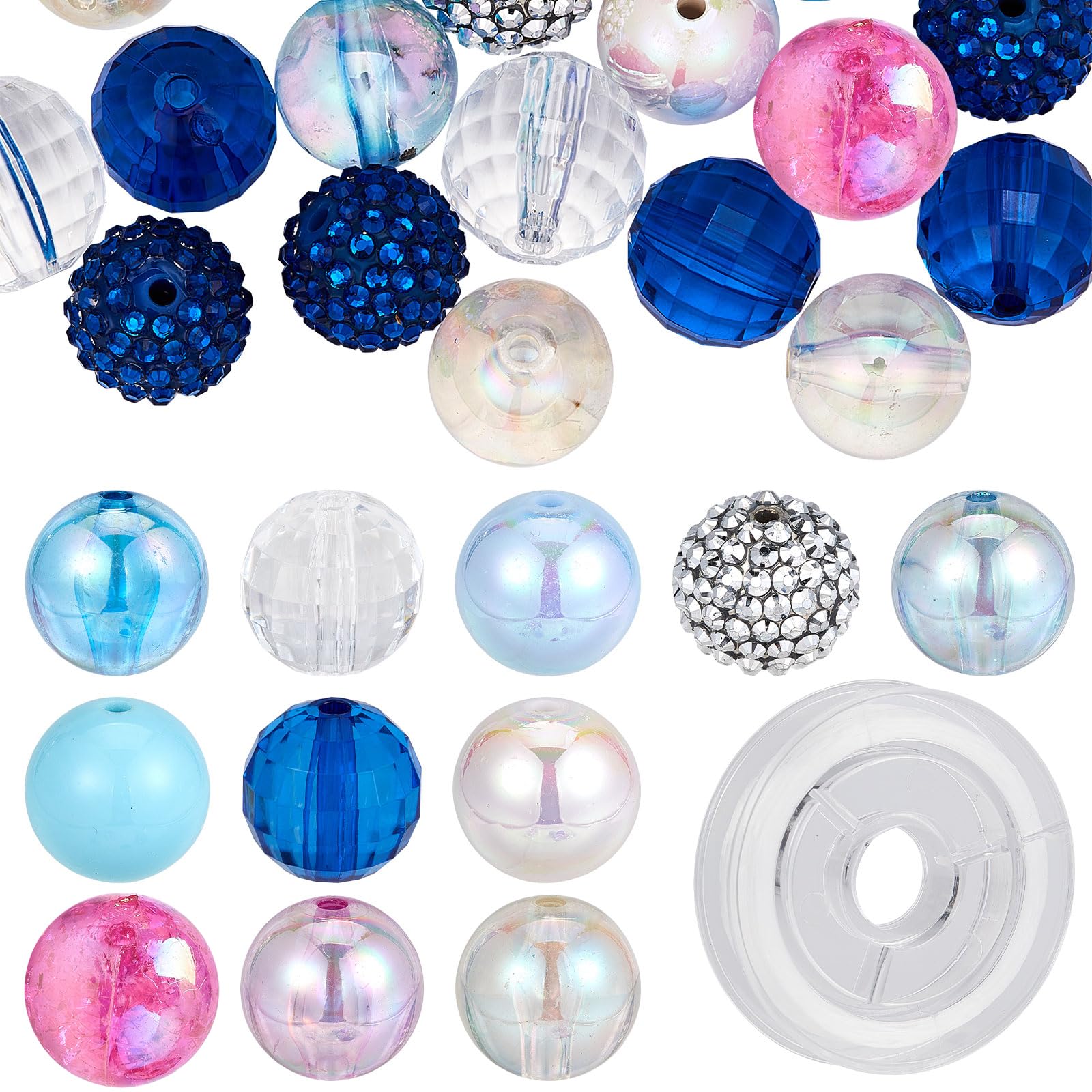 SUNNYCLUE 48Pcs Bubblegum Beads 20mm Blue Acrylic Faceted Bead Resin Rhinestone Beaded Rainbow Round Pearl Opaque Loose Spacers for Jewelry Making Beading Supplies Elastic Bracelet Kit