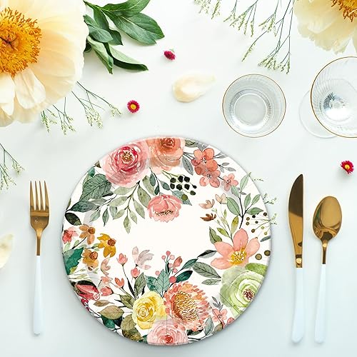Miniatura 7 de AnyDesign - 40 platos de papel floral acuarela rosa flor vegetación platos desechables platos decorativos para primavera, boda, cumpleaños, baby