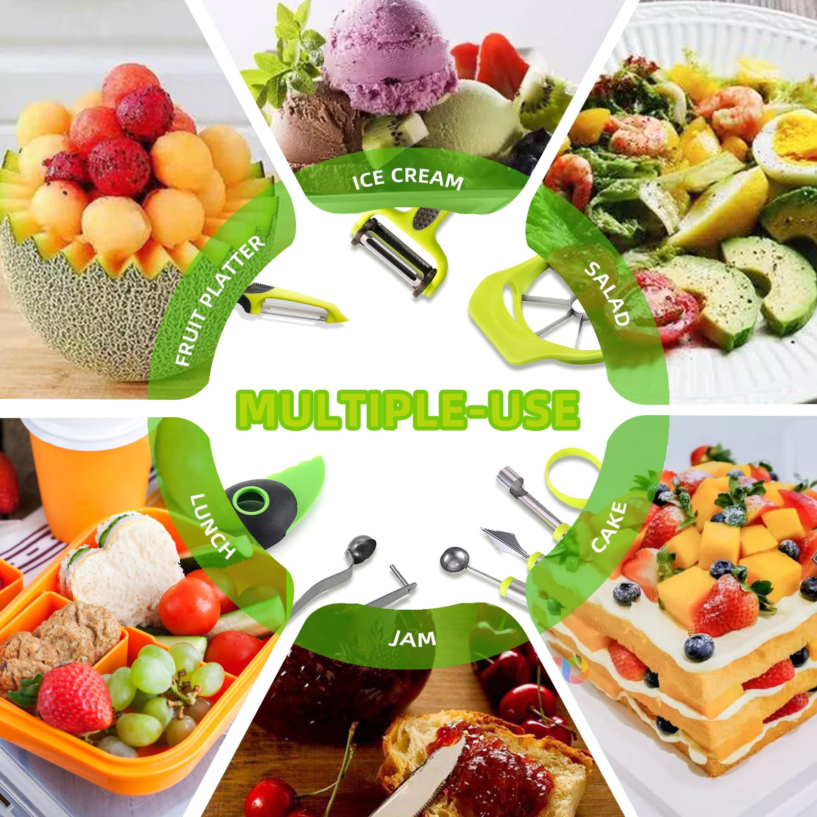 9Pcs Melon Baller Scoop Set,Fruit Shape Cutters,Avocado Slicer tool 3 in 1,Apple Slicer,Fruit Scooper and Baller, Vegetable Peelers, Apple Cutter and Corer,Green - Image 7