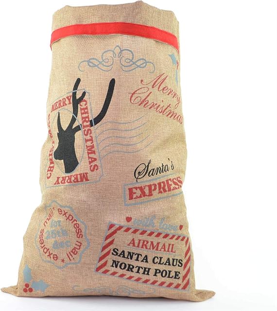 SHATCHI Large Traditional Vintage Hessian Santa Sack Stocking Airmail/Do Not Open Until Christmas Accessories Xmas Gifts Bag 70 x 50cm, Brown and Multicolor
