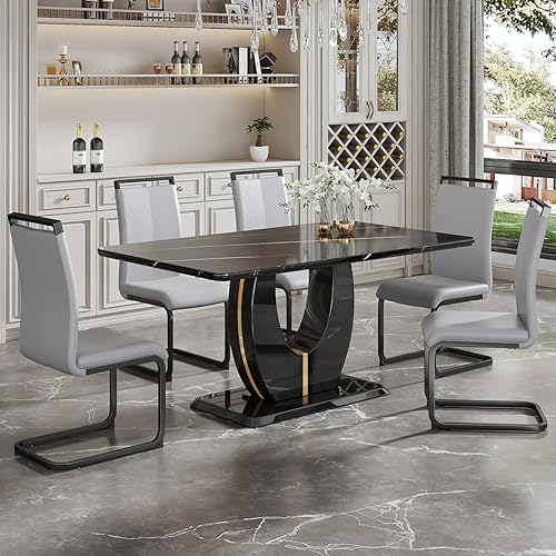 Miniatura 7 de JUFU Juego de mesa de comedor moderna para 6 personas, mesa de cocina rectangular con mesa de mármol sintético y 6 sillas tapizadas de piel