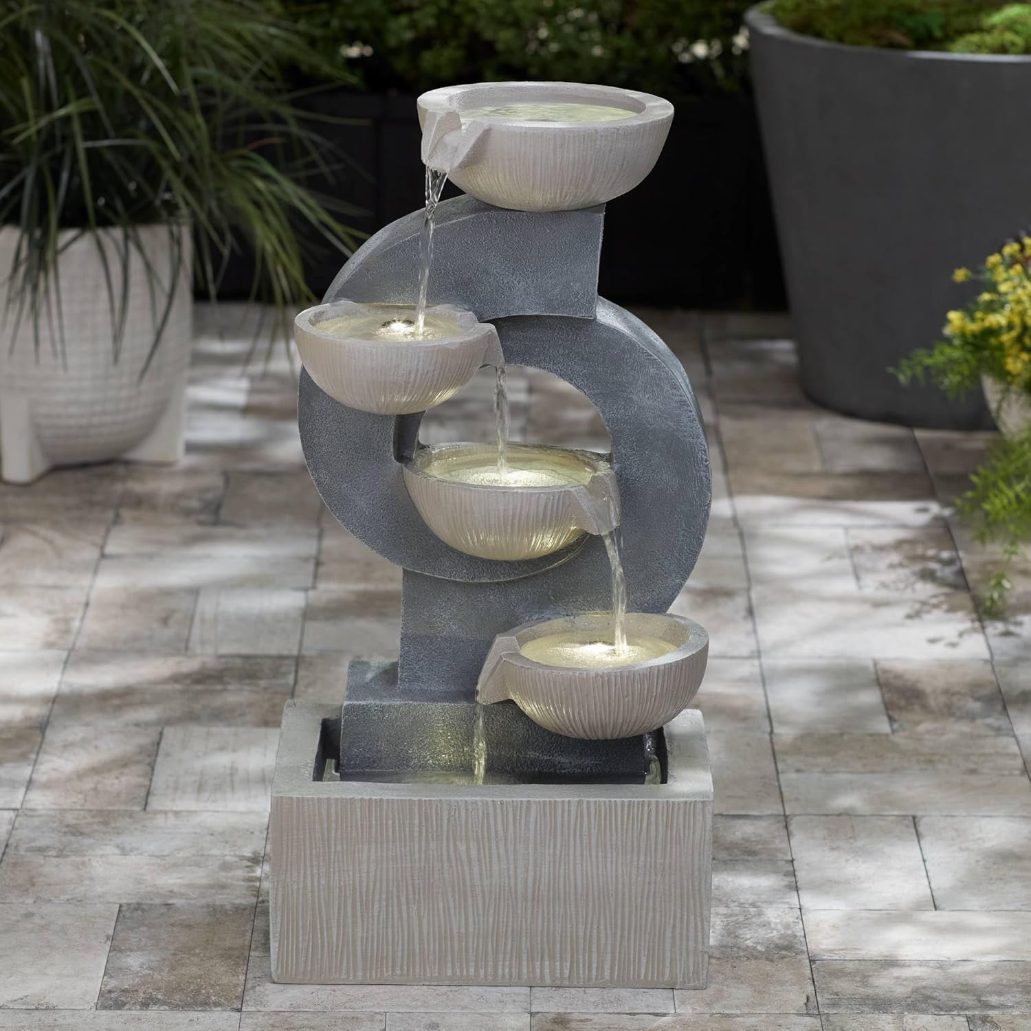 Tarin Four Bowl 23 1/2" High Large Modern Indoor Outdoor Decor Gray Faux Stone Floor Fountain with Light LED Waterfall Cascading Water Feature for Outside Garden Patio Yard Backyard - John Timberland