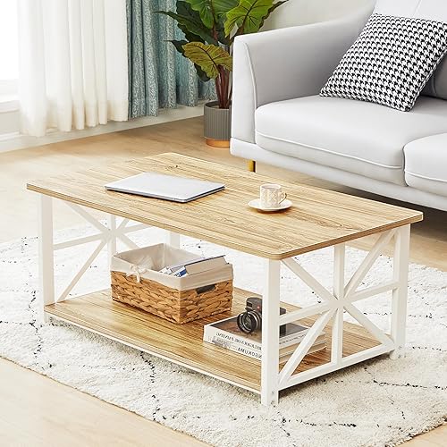 Miniatura 26 de GreenForest Mesa auxiliar con esquina redonda, mesa central de granja con estante de almacenamiento de 2 niveles, diseño de marco en X para sala de