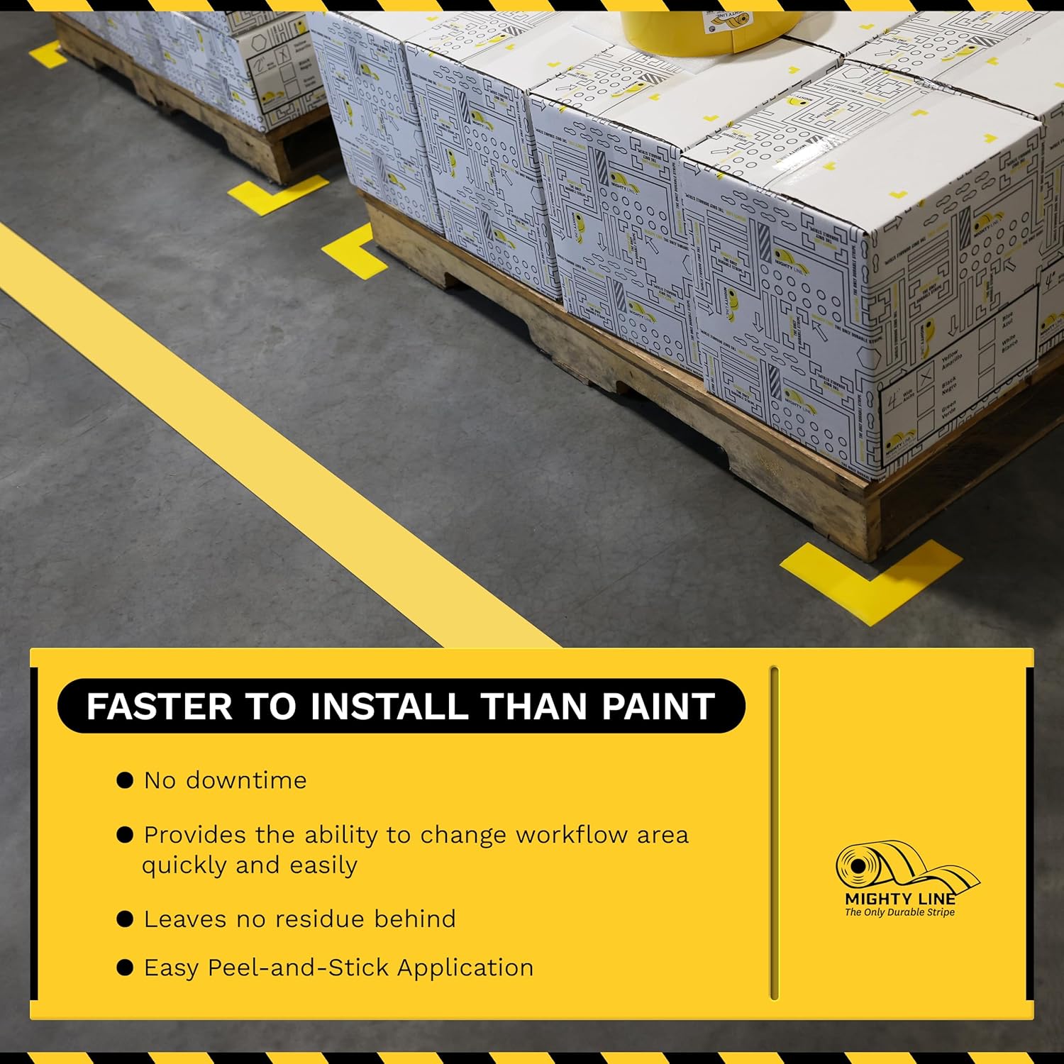 Mighty Line Solid Color 5S Floor Marking Tape for Industrial, Caution, Warning, Safety, Warehouse, Gym, Dance Floor, Line Set Marker, Flooring, Heavy-Duty Adhesive, 6 inch Wide, 100' Roll, Yellow