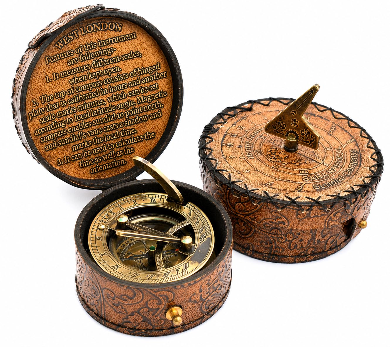 SARA NAUTICAL Bussola con meridiana in ottone antico, orologio con meridiana in scatola regalo, replica orologio da sole, decorazione navale (meridiana di nuova generazione 2026)