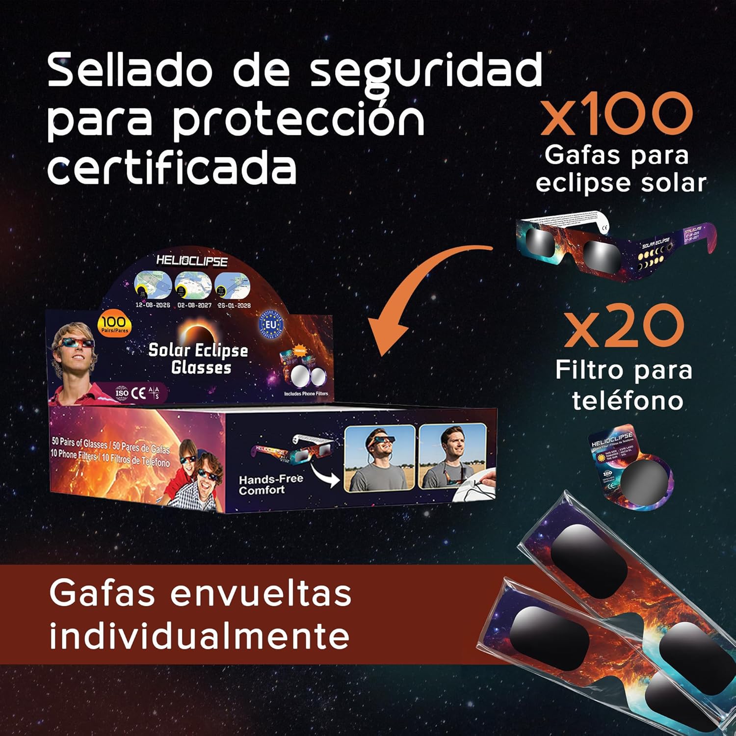 Helioclipse Solar Eclipse Glasses [6/12/25/50 PACK] 2026 - Trusted for Direct Solar Eclipse Viewing, Iso 12312-2 CE Certified