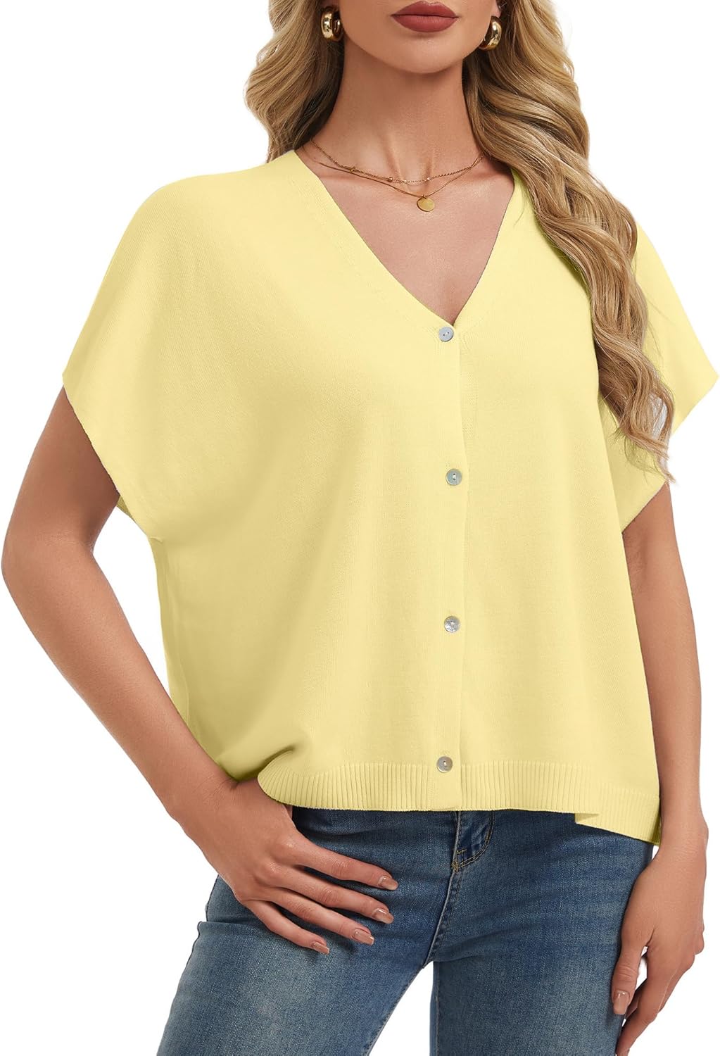 Women's V Neck Short Sleeve Cardigan Sweater Tops Lightweight Button Loose Sweater Vest - Image 4