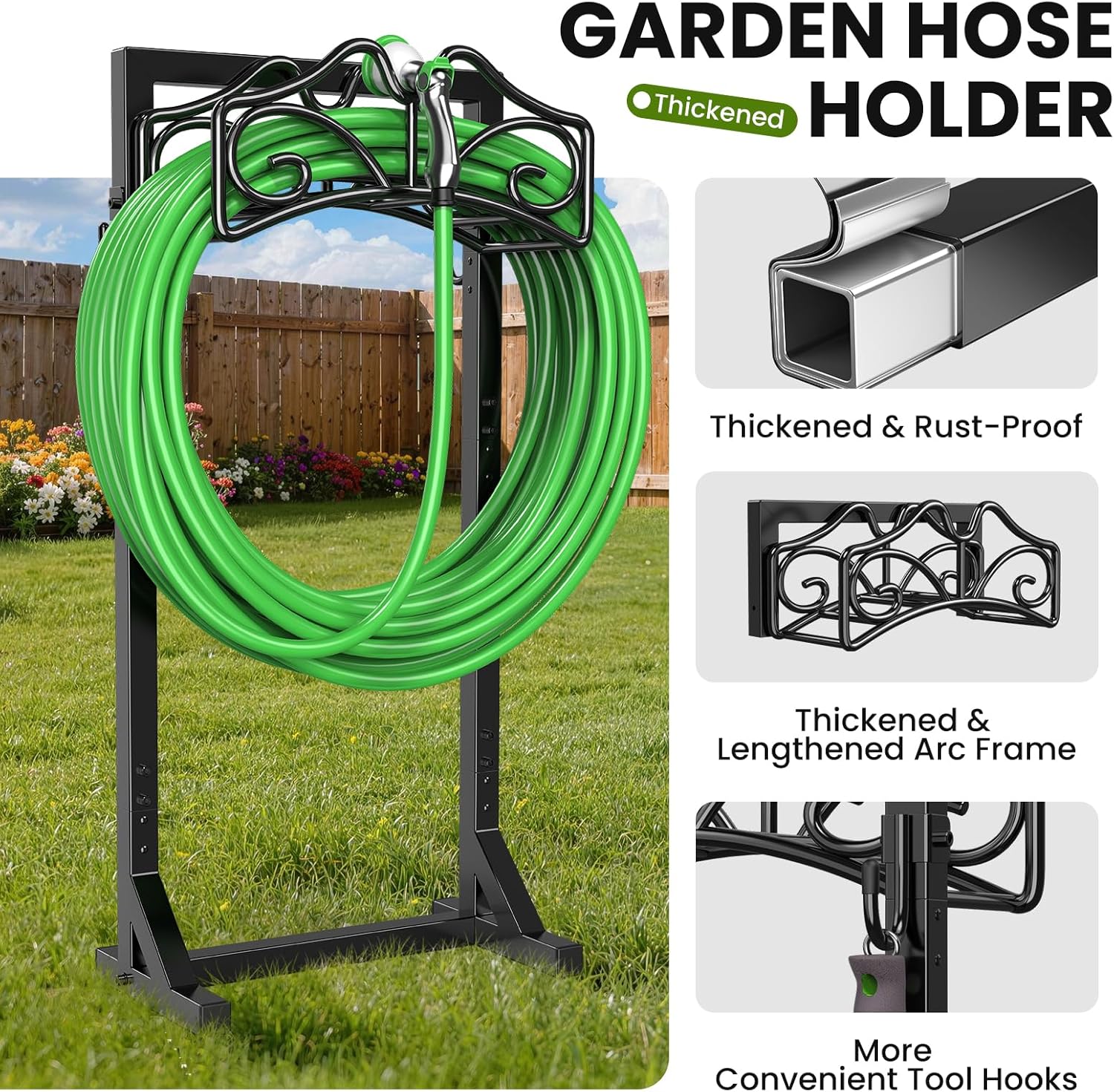 Keten Garden Hose Holder, Detachable Metal Water Hose Holder Stand, Heavy Duty Freestanding Garden Hose Reel Rack and Hose Storage Organizer for Outside Yard