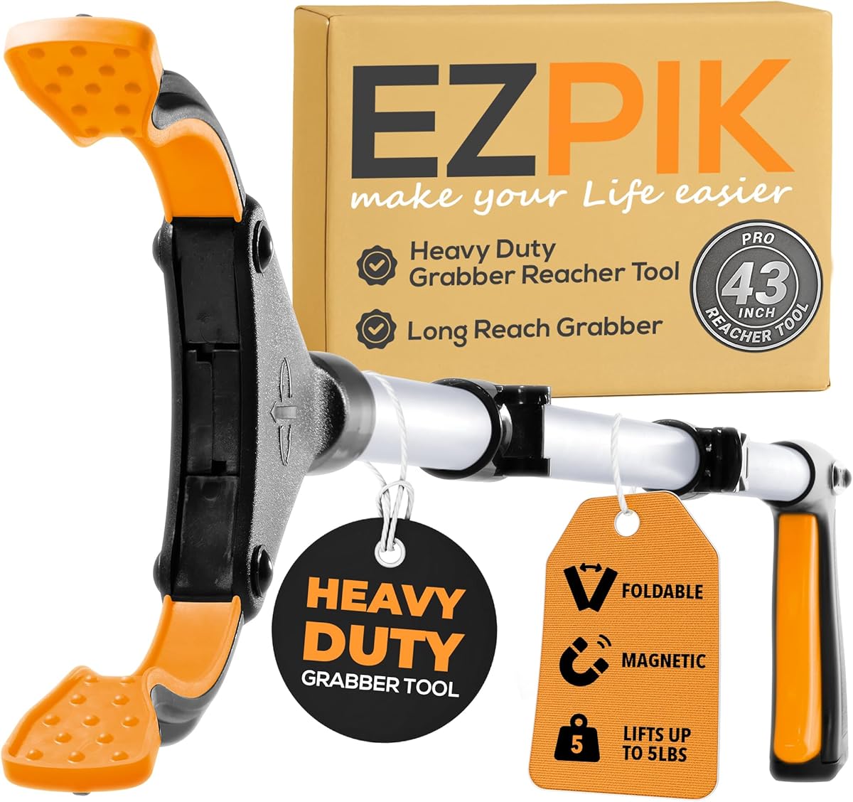 EZPIK Pro 43" Foldable Grabber Reacher Tool for Seniors - Grabbers for Elderly Reaching Tool Heavy Duty Pickup Trash Picker Upper Equipment - Claw Grabber Stick for Reaching Aids, Weed Gripper