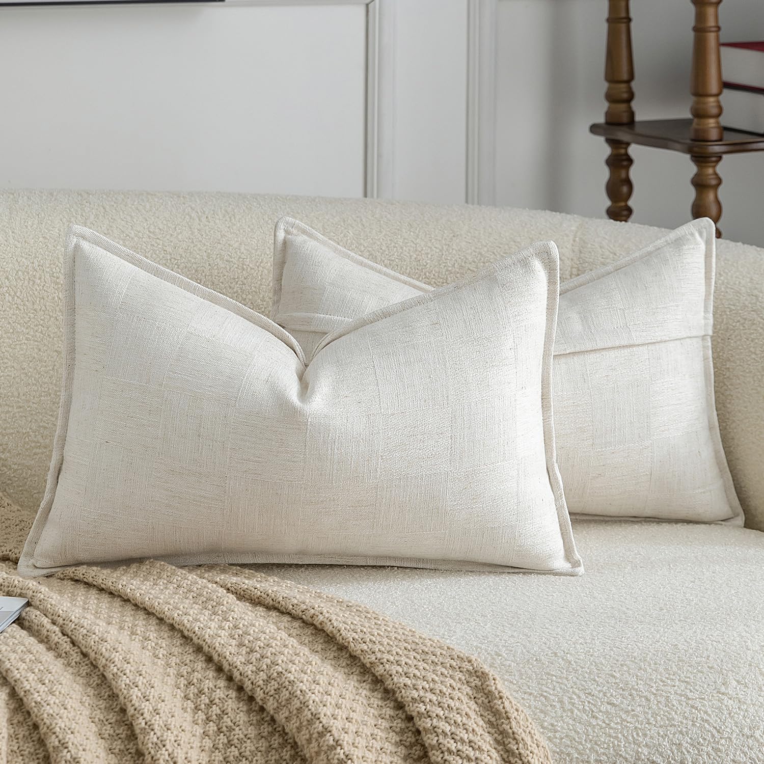 Madizz Pack of 2 Decorative Cushion Covers 30x50 CM Natural White Soft Linen Blend Throw Pillows Solid Textured Pillow Covers for Couch Sofa Bedroom Living Room